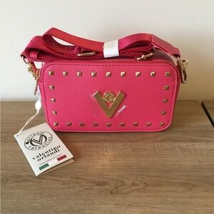 Valentino Orlandi Studded Double Zip Crossbody Camera Bag in Pink NWT MSRP $159